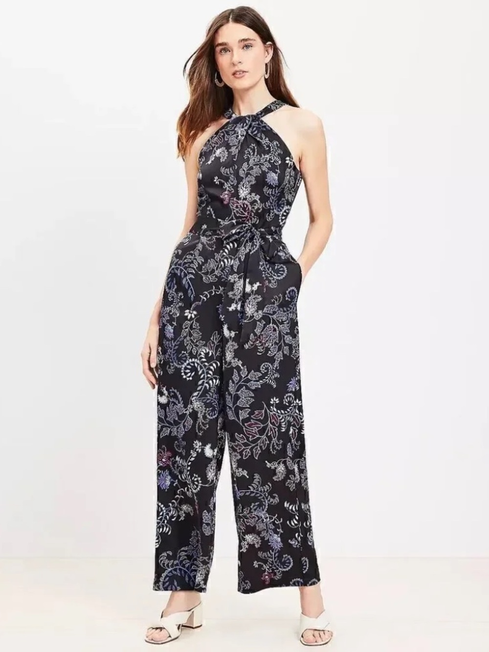 LOFT Black Floral Halter Wide-Leg Jumpsuit with Pockets Size 14